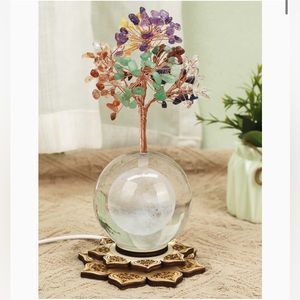 Seven Chakra Tree of Life with Crystal Ball and LED Lighted Wooden Zen Base